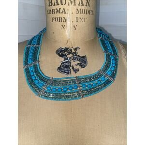 Turquoise Layered Beaded Strands Statement Bib Collar Necklace Southwest